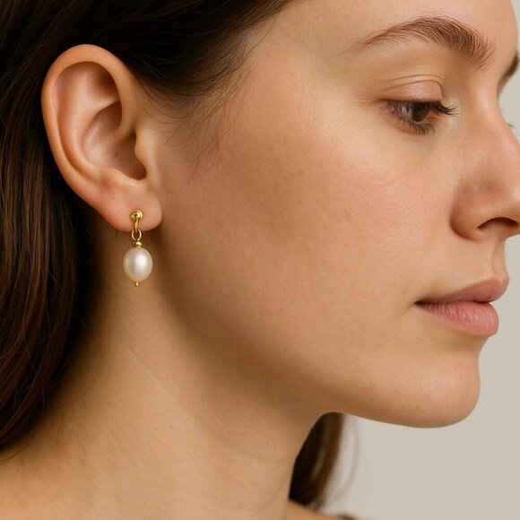 Jewelry - Freshwater Pearl Drop Gold Tone Sterling Silver Earrings with gift box New